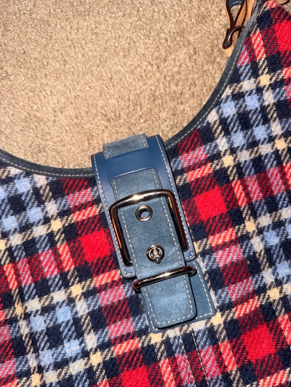 SUPER RARE Coach Plaid Hat & Shoulder Bag Set - Blue, Red, Cream - Picture 4 of 9